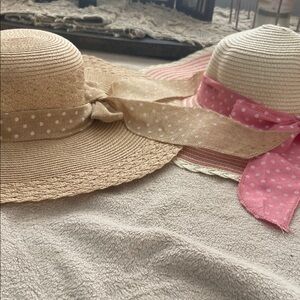 2 Womens Straw Sun Hat with Polka Dot Ribbon - Pink/Natural
